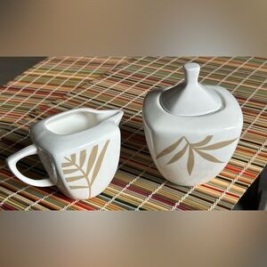 Vntg Cream & Sugar Bowl W/Lid Auratic China Stroke On Trend Bamboo Leaf Pattern